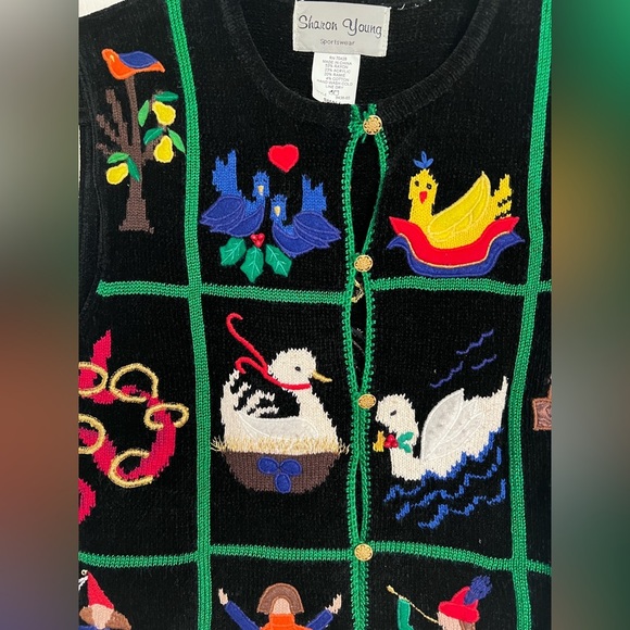 SHARON YOUNG Black Sweater Vest Birds Ducks Swan Women S Embroidered VNTG Button - Picture 3 of 7